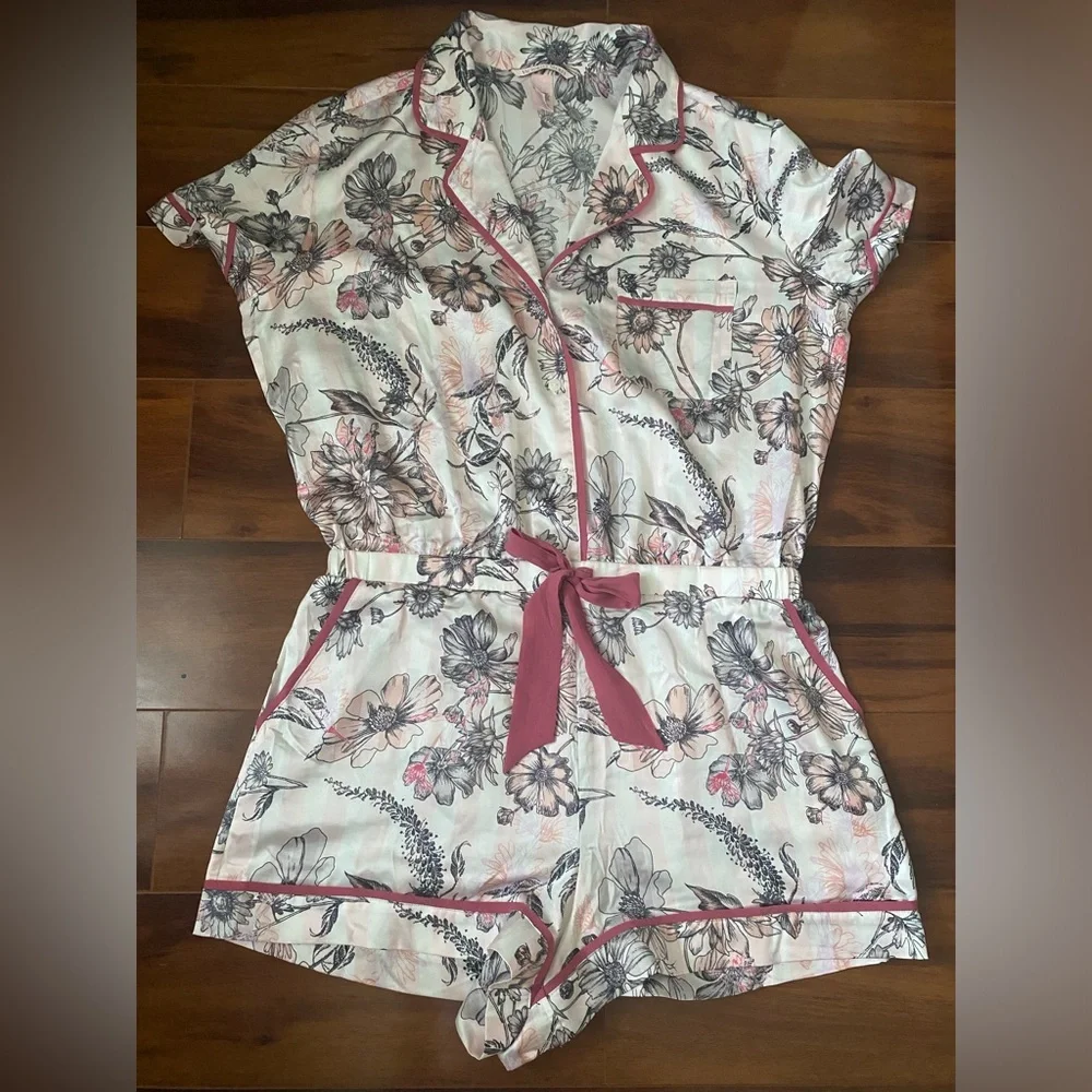 Victoria's Secret White Floral Pajama Romper with Pink Trim